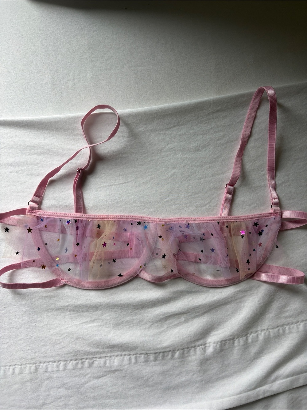 Sheer Pink Star Mesh Underwire Lingerie Bra Sz L